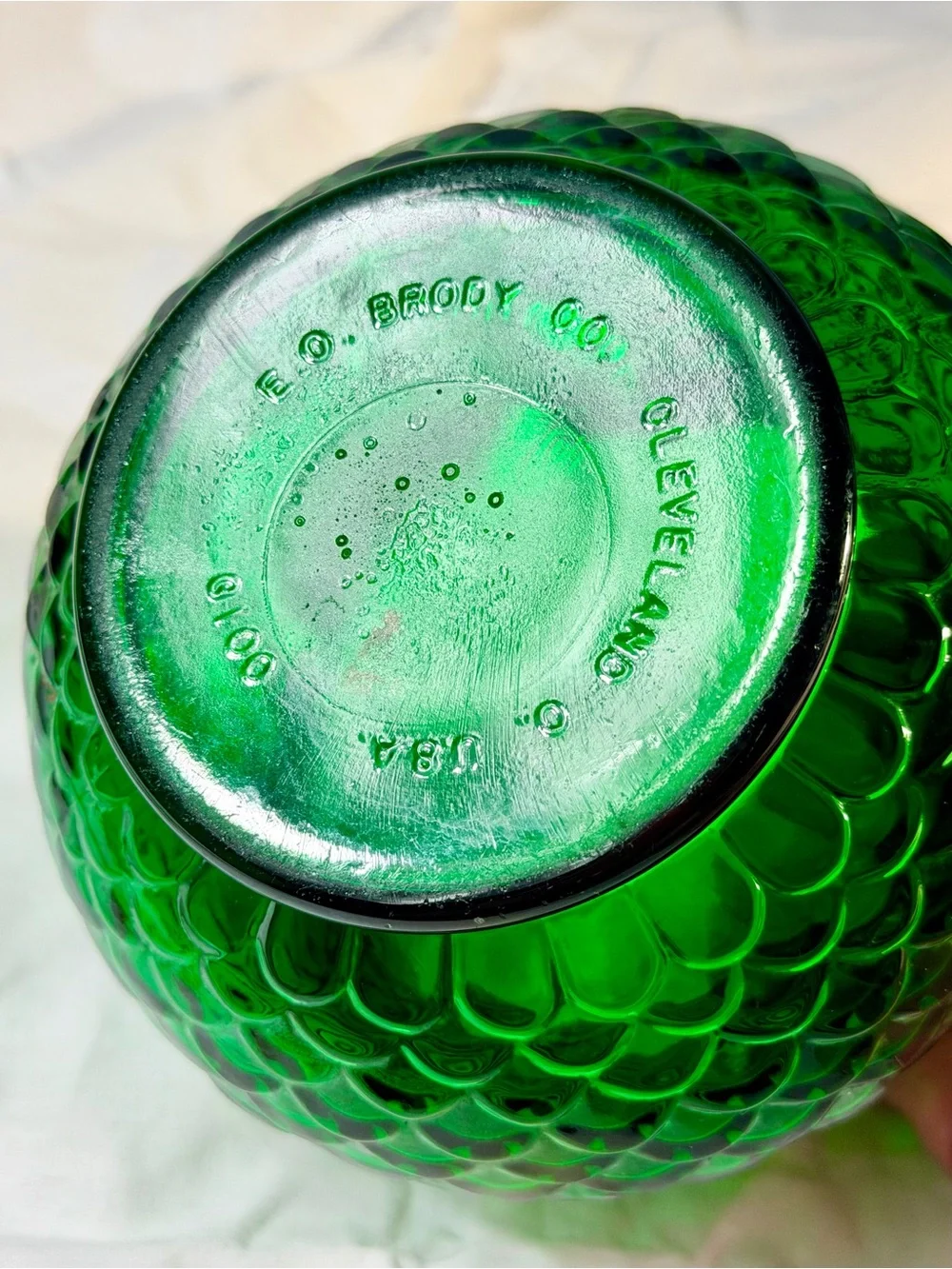 Vintage E.O. Brody Emerald Green Glass Fish Scale Bowl Planter MCM USA